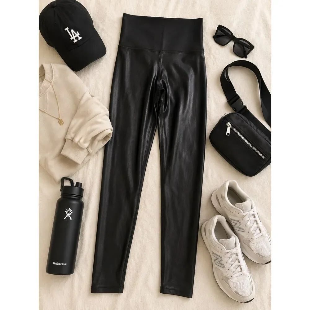 Carbon38 High Waist Black Liquid Shine Leggings Faux Leather Athleisure Pants